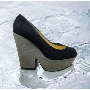 Luxury Rebel "Razo"  Black Peep Toe Platform Wedges Size 38 1/2 M (7 1/2)